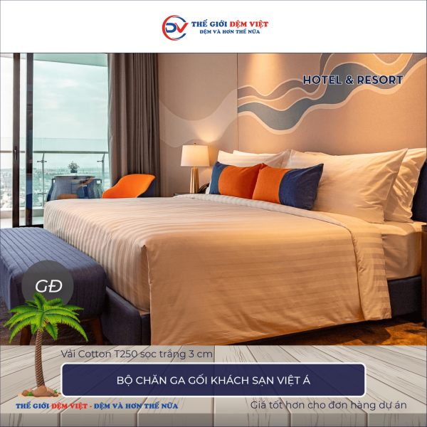 Bộ chăn ga gối khách sạn Việt Á vải Cotton T250 sọc trắng 3cm 9